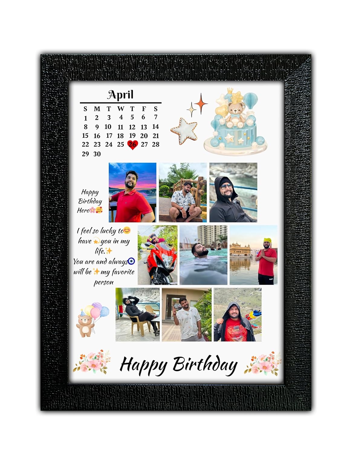 Personalized Birthday Photo Frame | Custom Photo Collage Gift | Black Textured Frame