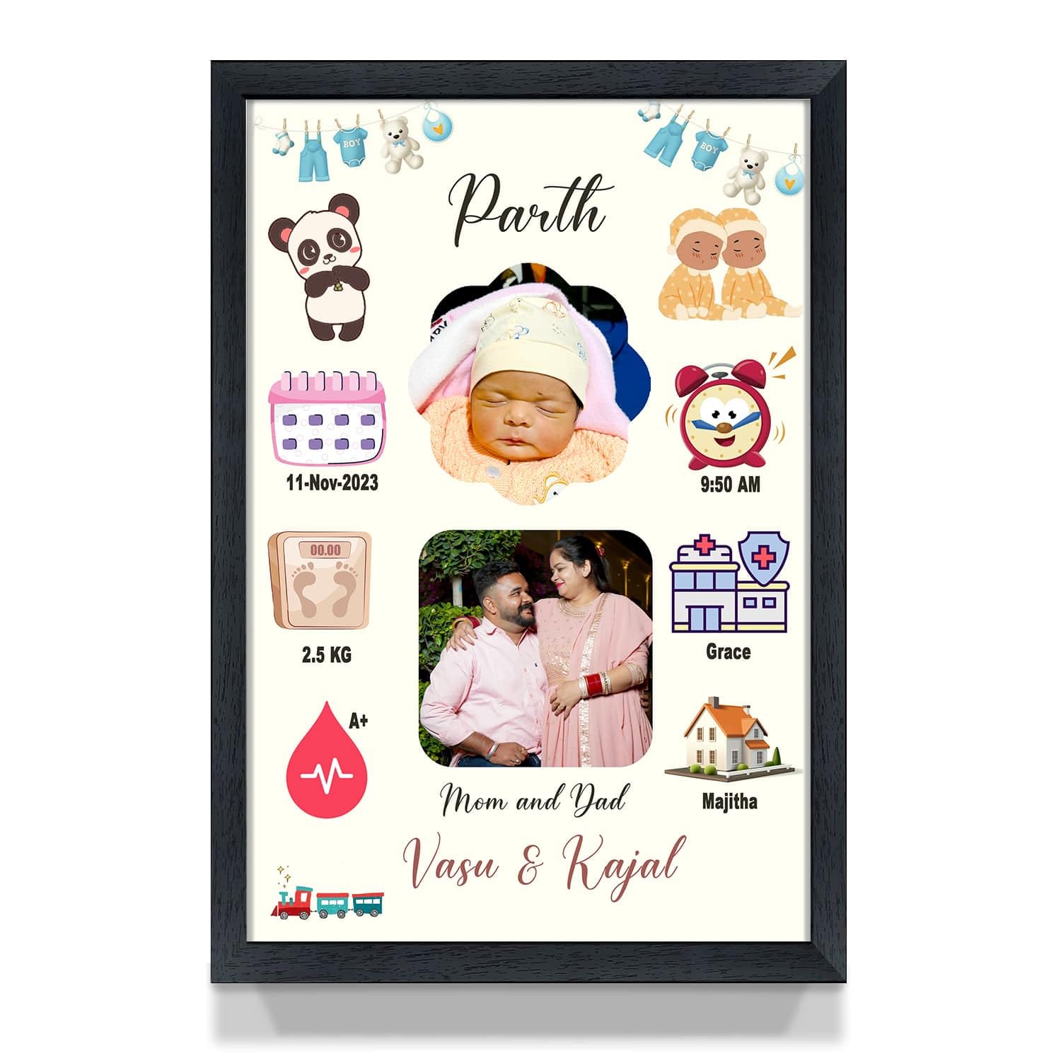 Personalized Newborn Baby Birth Details Frame | Custom Baby Photo Memory Frame