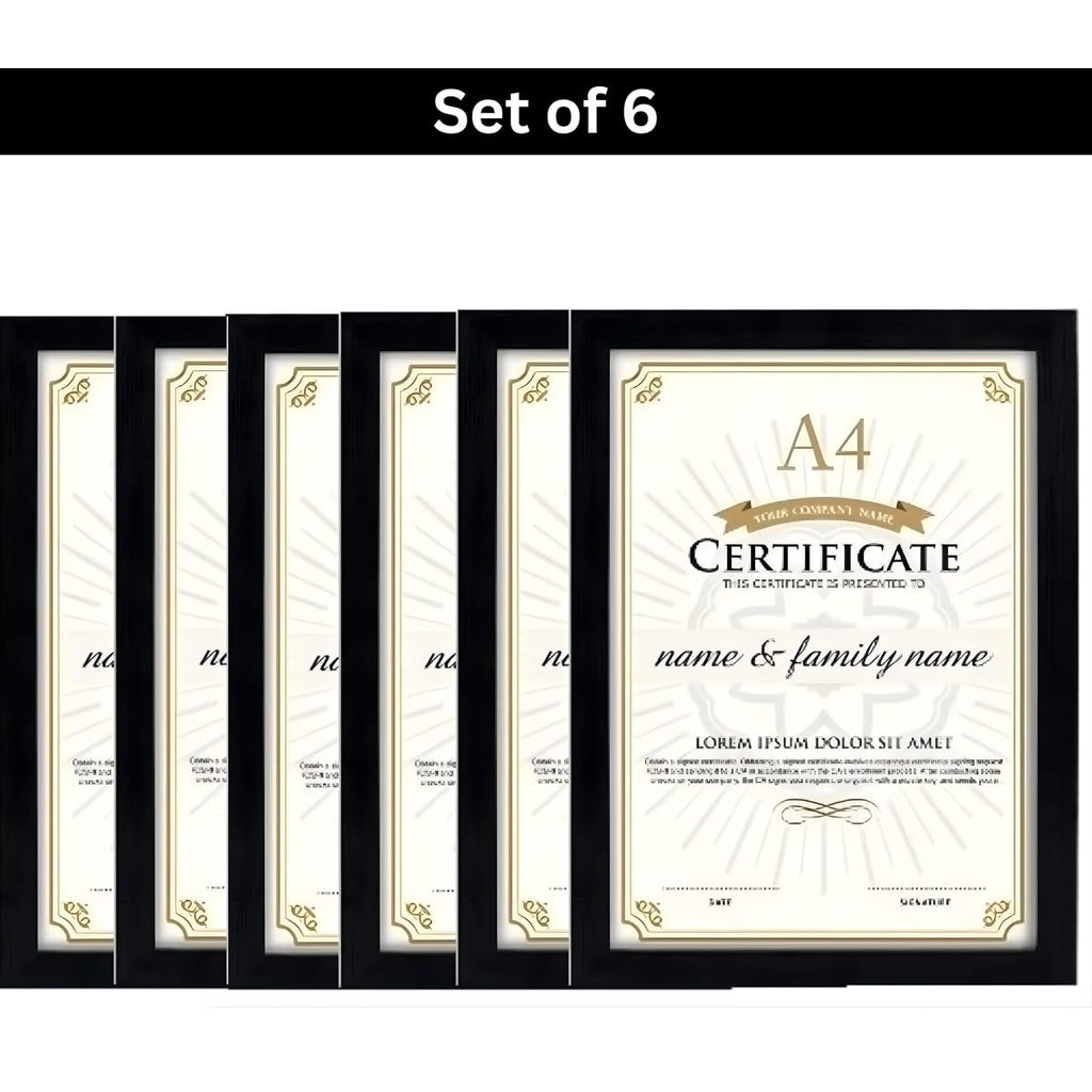 Set of 6 A4 Black Photo Frames for Wall Display | Certificate, Document & Photo Frame Collection