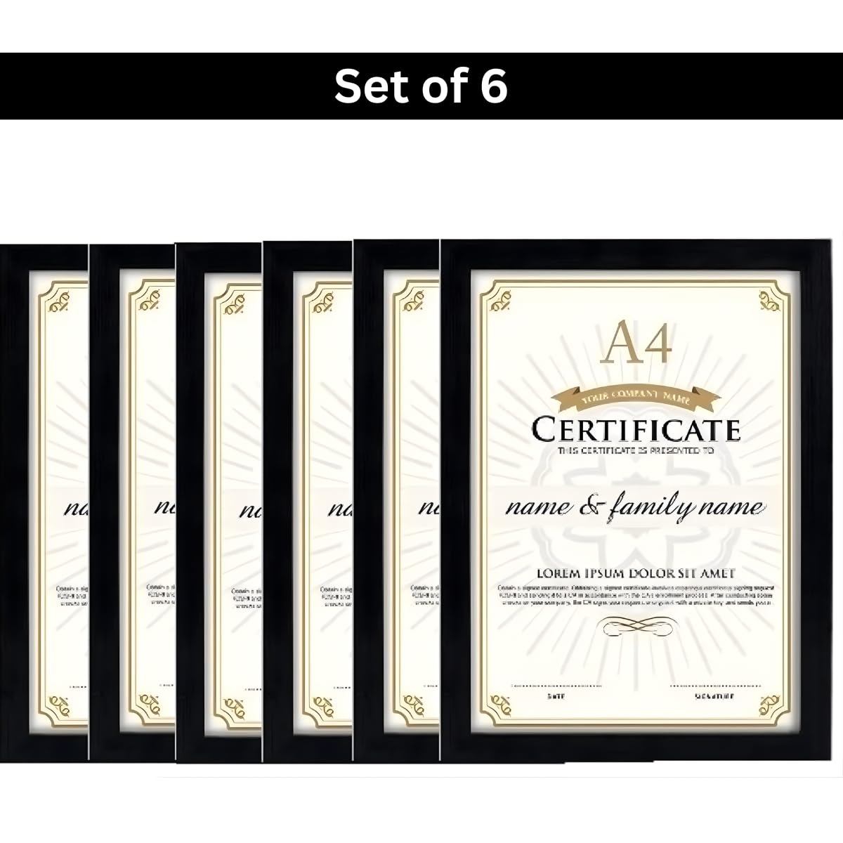 Set of 6 A4 Black Photo Frames for Wall Display | Certificate, Document & Photo Frame Collection