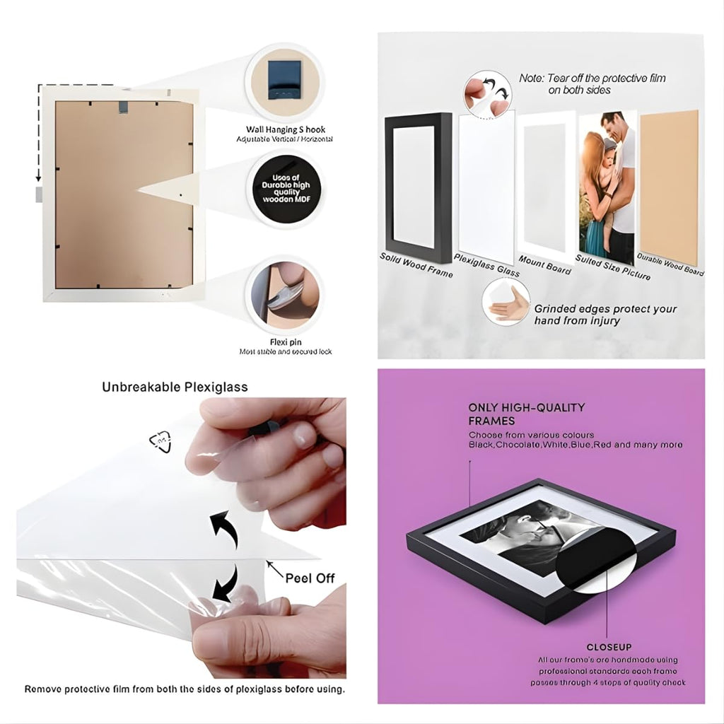 Set of 6 A4 Black Photo Frames for Wall Display | Certificate, Document & Photo Frame Collection