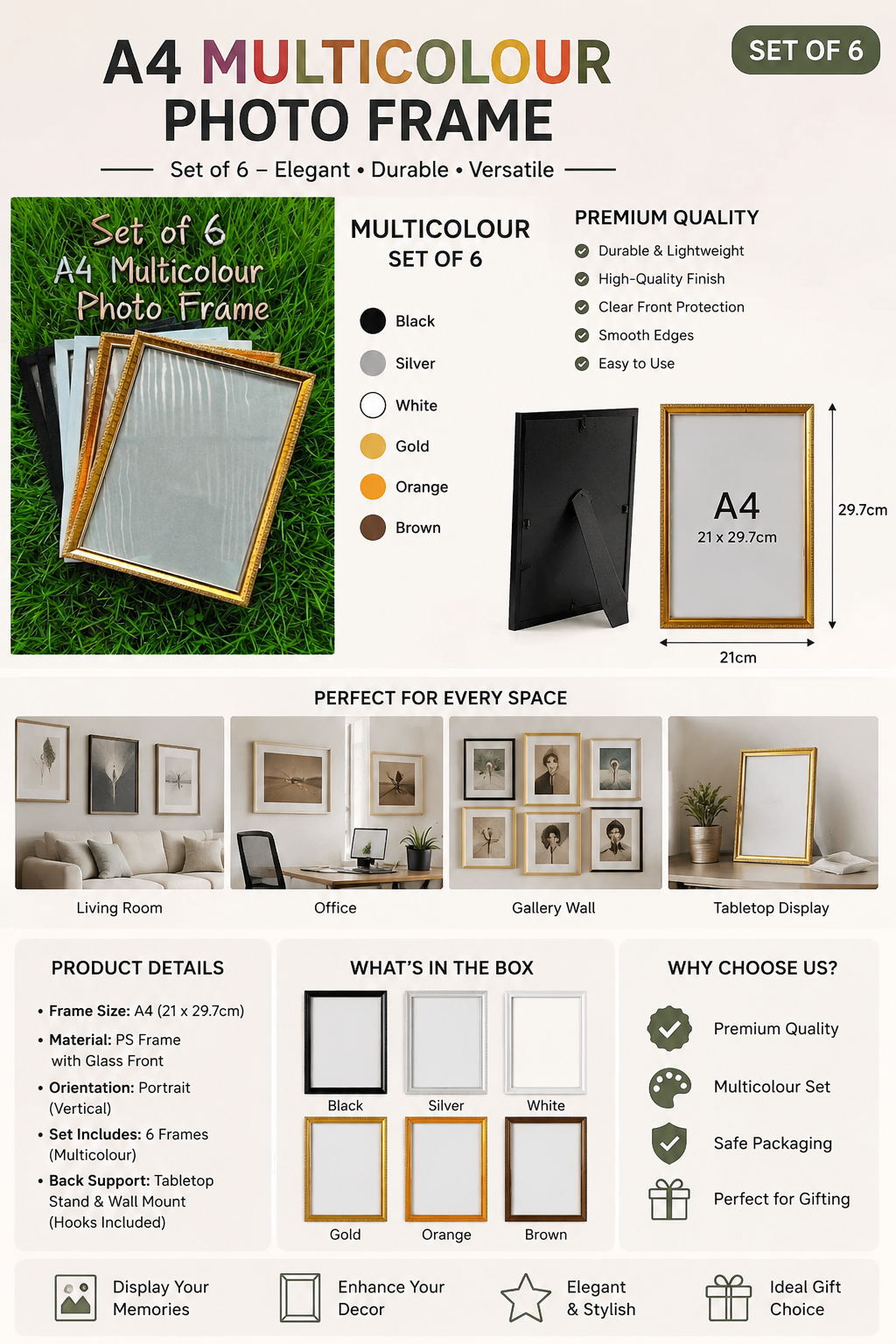 A4 Multicolour Photo Frame Set of 6 | Wall & Table Display Frames